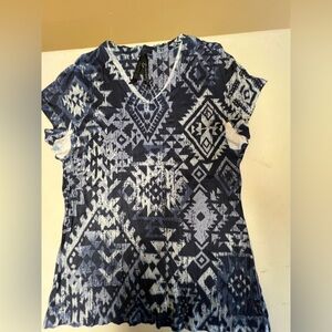 SEVEN 7 INDIGO BLUE TRIBAL PRINT WOMEN’S CAP SLEEVE TOP SIZE  XL  100% POLYESTER